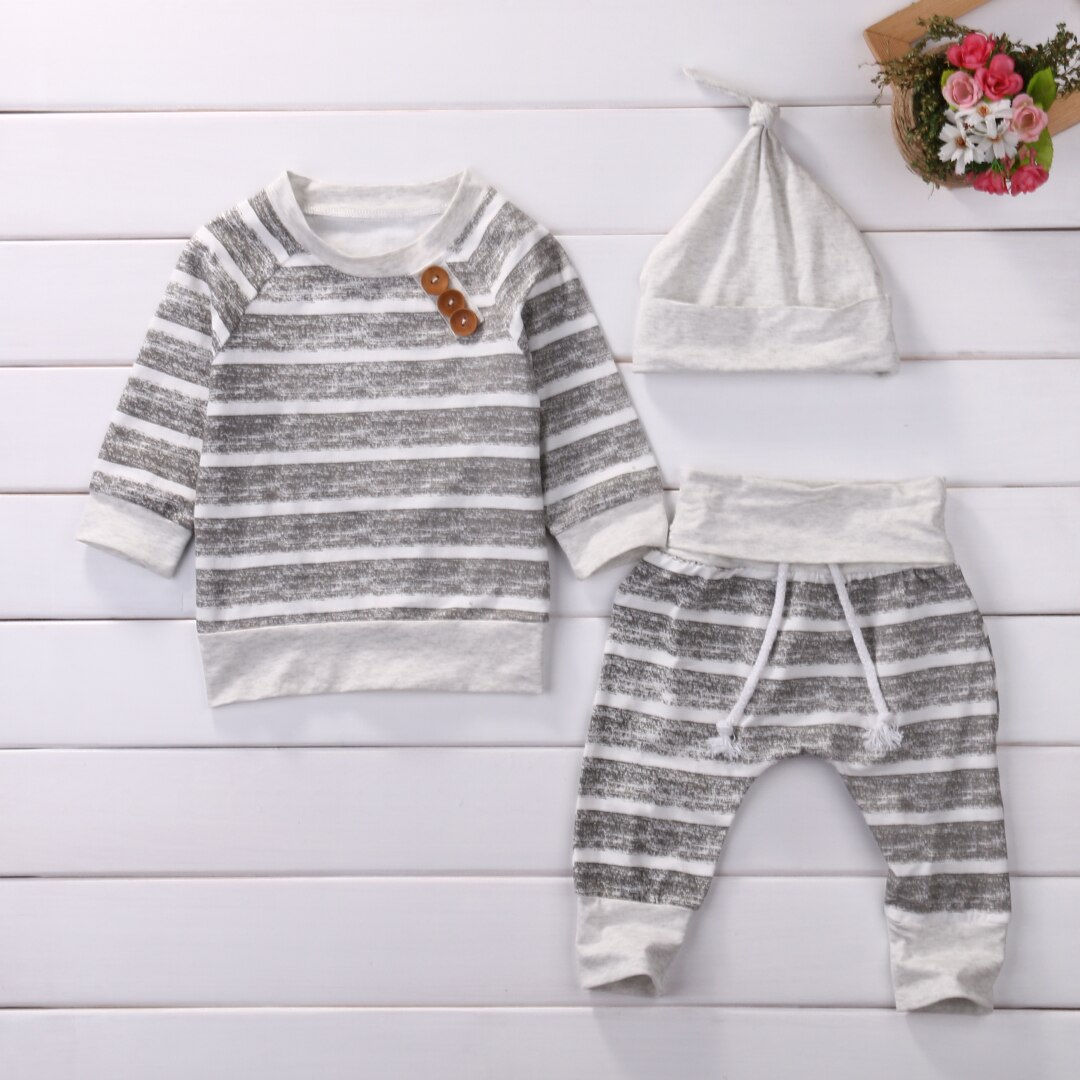 Baby Boy's Striped Sweatshirt, Pants and Beanie 3 Pcs Set
