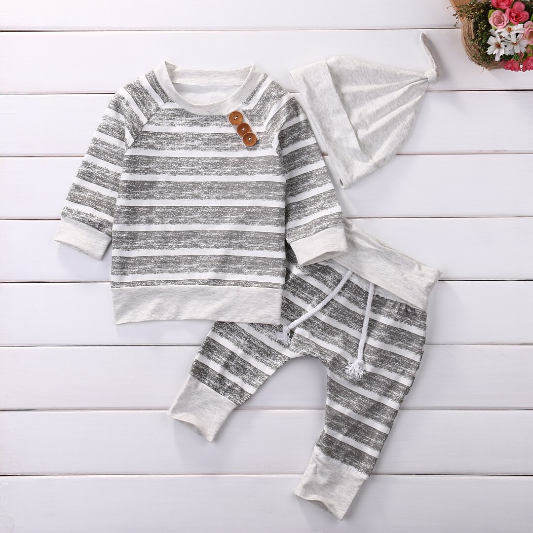 Baby Boy's Striped Sweatshirt, Pants and Beanie 3 Pcs Set
