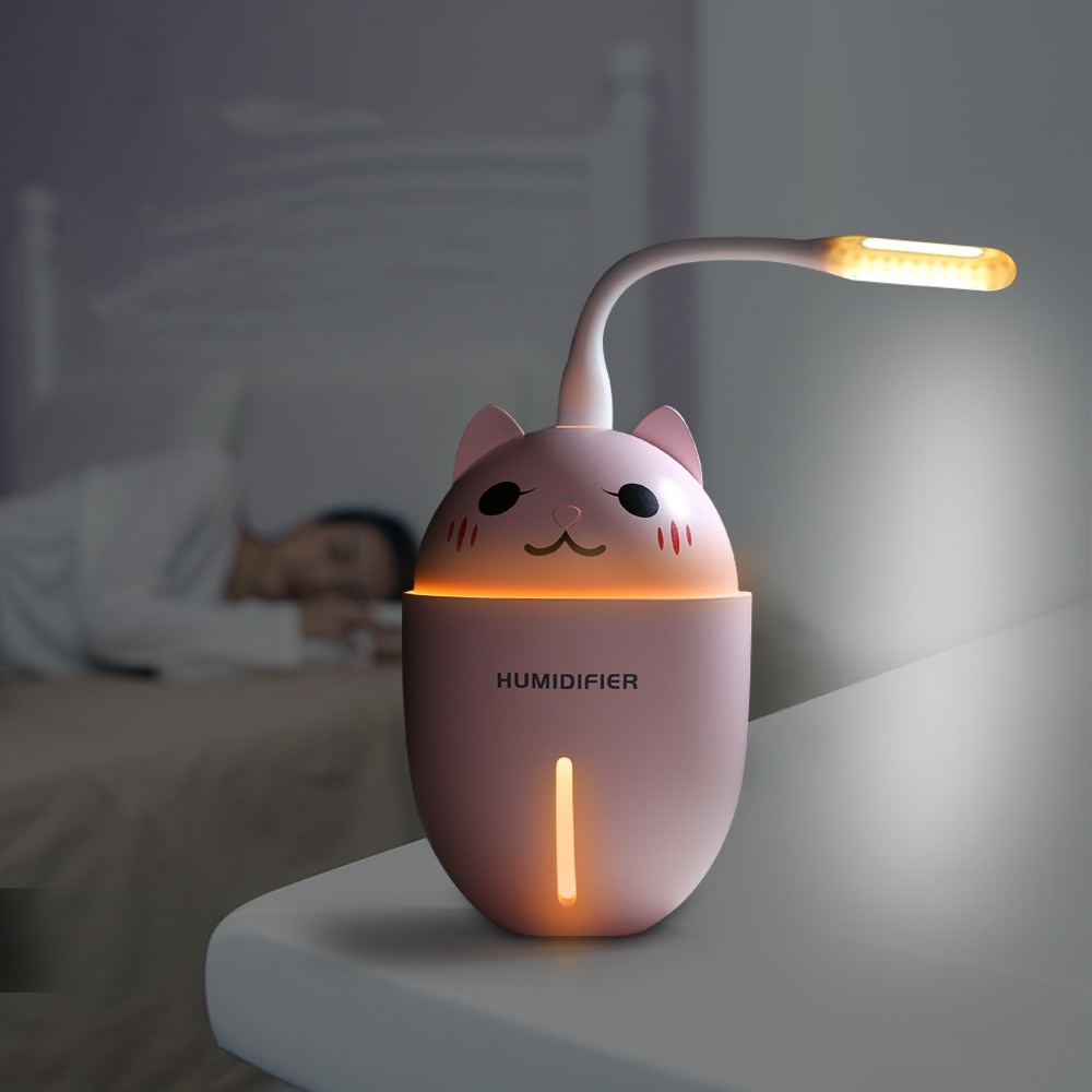 Cute Cat USB Air Humidifier with LED Light and USB Fan