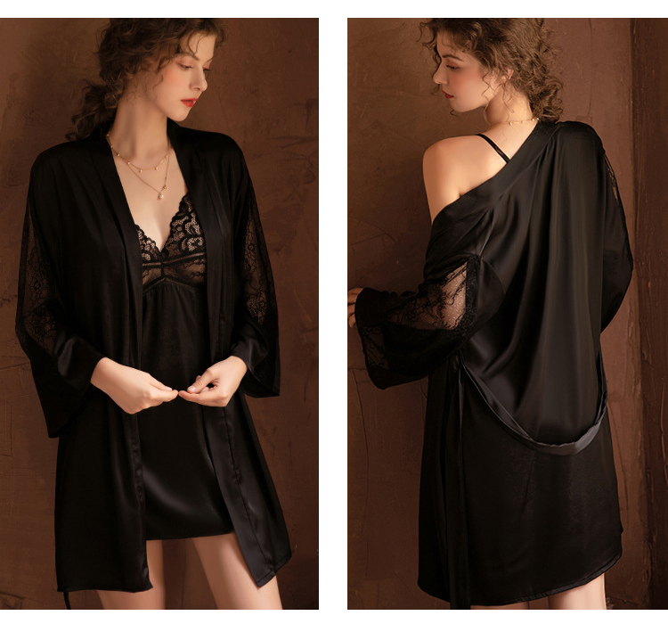 Women's Lace Bra Nightdress, Robe and Panties 3 Pcs Set