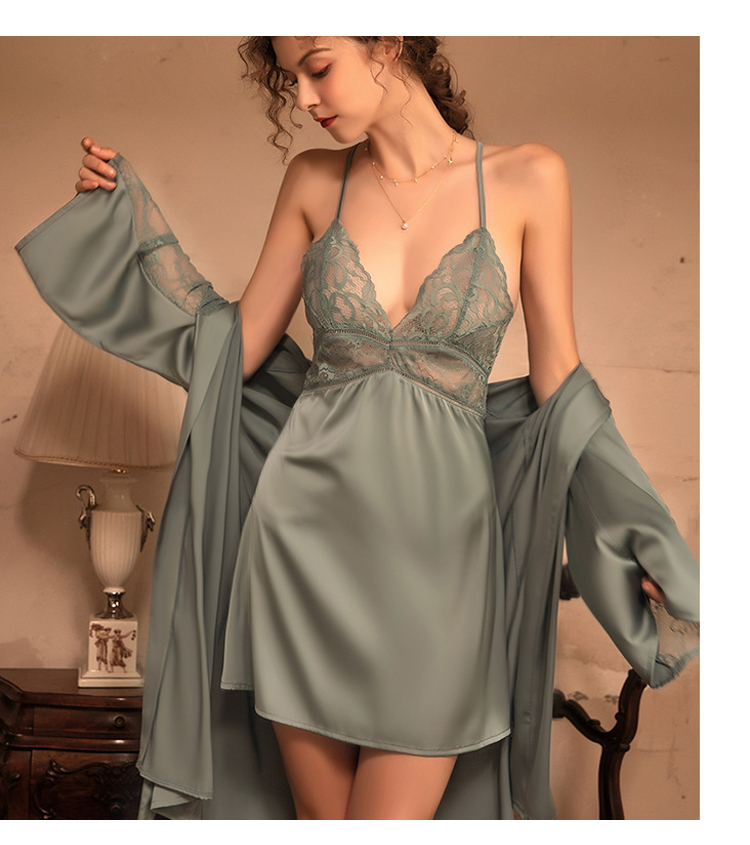 Women's Lace Bra Nightdress, Robe and Panties 3 Pcs Set
