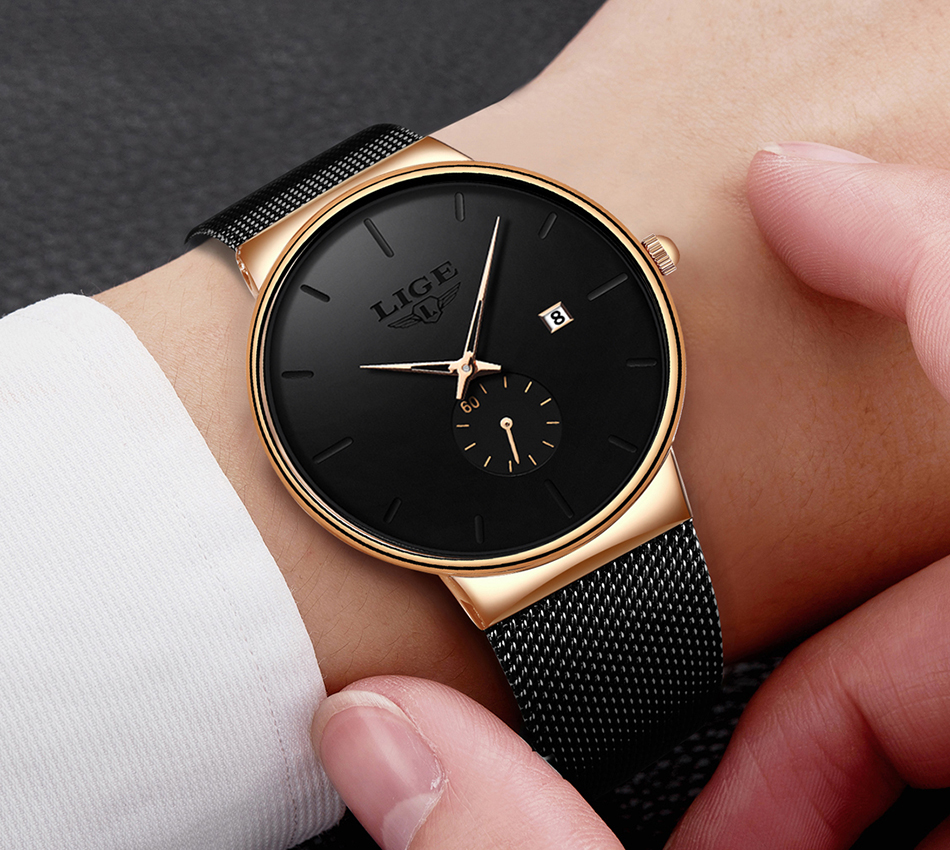 Ultra-Thin Black Quartz Wrist Watch for Men