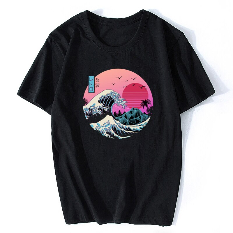 Wave Printed Black Cotton T-Shirt for Men
