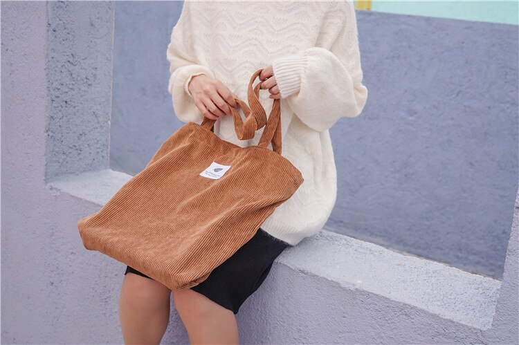 Women's Corduroy Shopper Bag With Interior Zipper Pocket