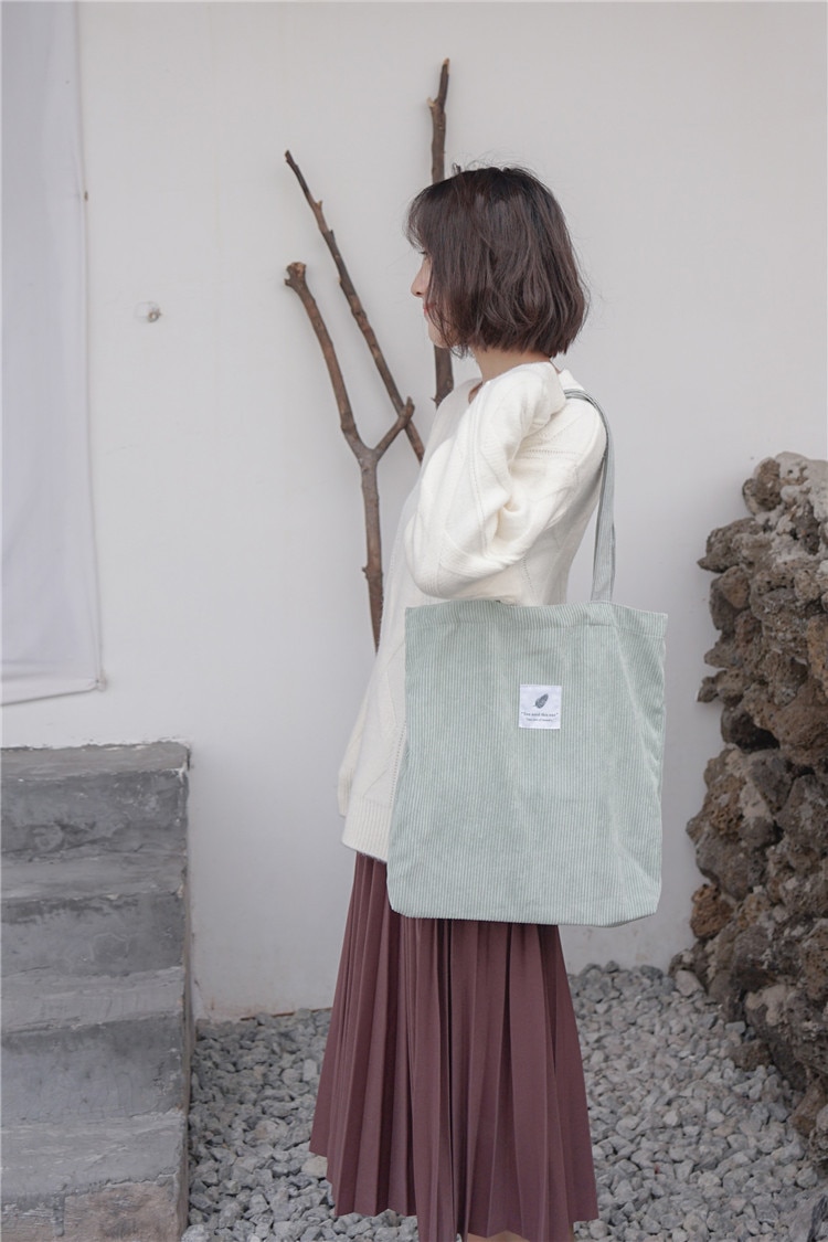 Women's Corduroy Shopper Bag With Interior Zipper Pocket