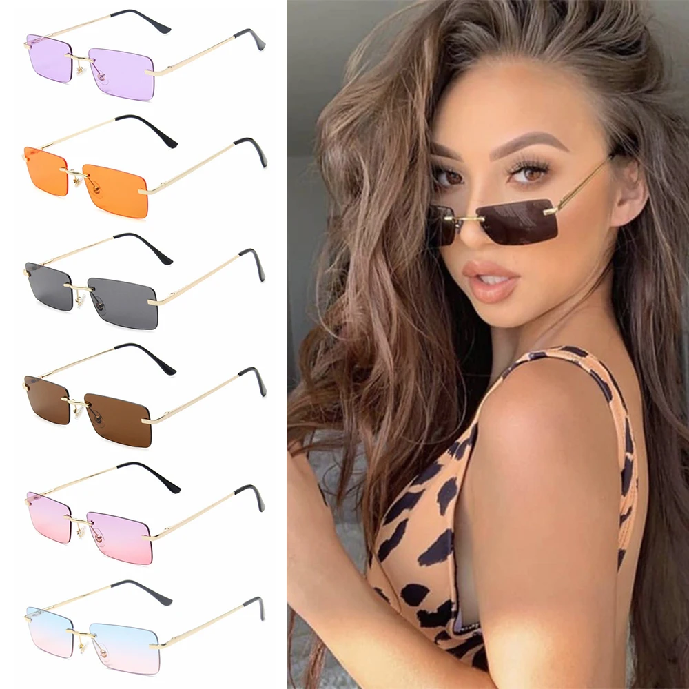 Women's Rectangle Shaped Rimless Sunglasses