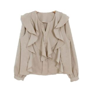 Beige ruffle-front blouse